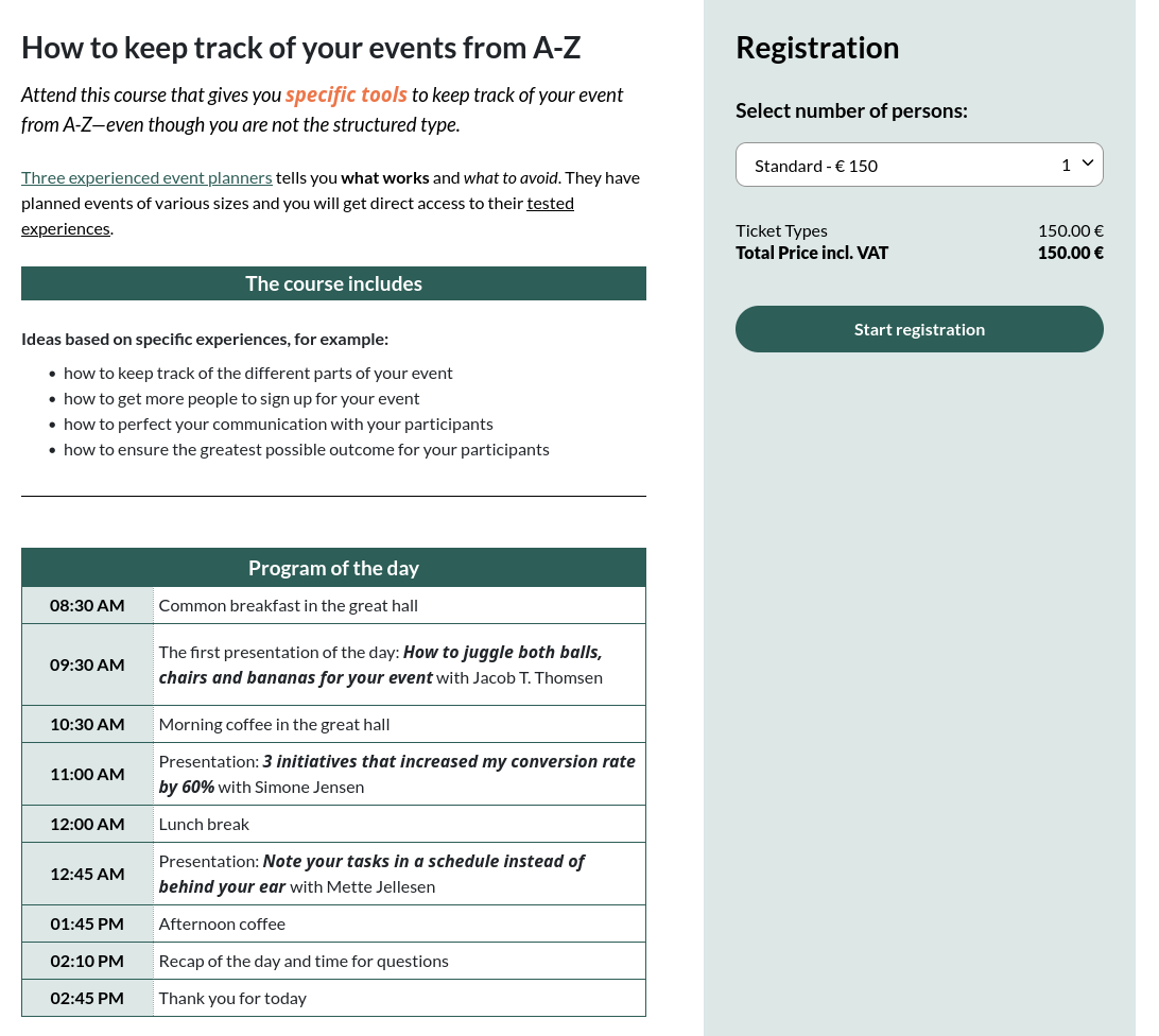 Event description with table
